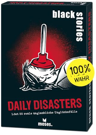 moses. Black Stories Daily Disasters – 50 pussel om riktiga olyckor, krimi kortspel med spelvarianter och punktchips, pusselspel för ungdomar och vuxna