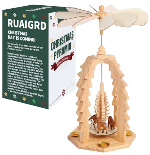 Pirámide de Navidad de madera de 14 pulgadas con portavelas, juego de belén con acabado de madera natural (RG001-1)