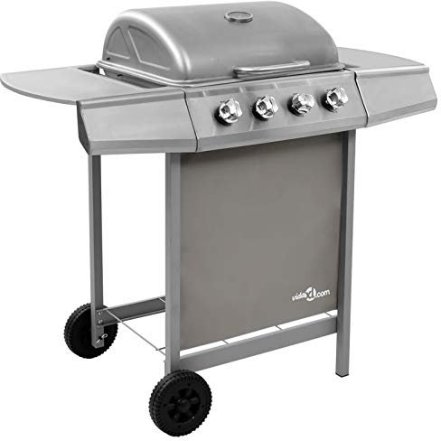 IKAYAA Barbacoa a Gas Acero Inoxidable con 4 Quemadores, Barbacoa Portatil, Termómetro, Rejilla de Acero Inoxidable - Barbacoa con Ruedas, 2 mesitas auxiliares Plateado