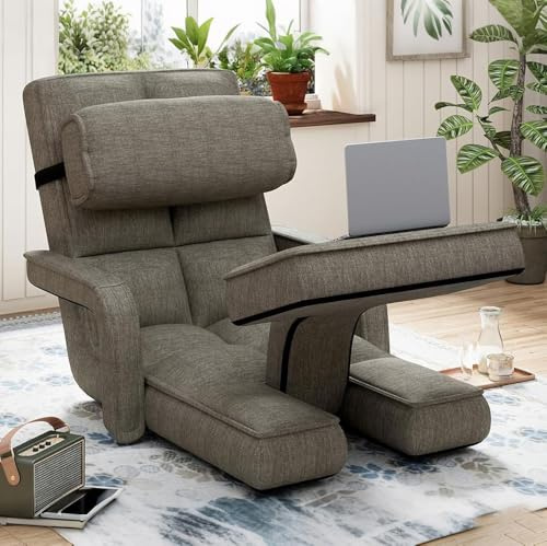 UNIONLINE Floor Chair Adjustable, Folding Lazy Sofa Bed with Armrests, Gaming Lounge Recliner with Pillow & Footrest, Single Chair Bed for Bedroom Home Office,Charcoal Grey