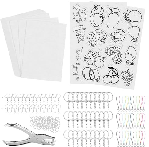 Schrumpffolie Set Schlüsselanhänger Selber Machen: 233 Stück Leeres Schrumpffolie Bedruckbar mit Locher, Schlüsselanhängers DIY Set mit Ohrhaken, Schlüsselanhängers Basteln Schrumpfpapier mit Muster