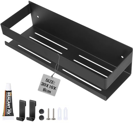 EXLECO Estanteria Baño Pared 30CM Estante Ducha sin Taladro Acero Inoxidable, Cesta da Ducha Autoadhesiva con 2 Ganchos, Repisas Baño Organizador Accesorios para Jabonera Champú y Gel, Negro