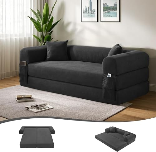 80 Convertible Sofa Bed, 3-in-1 Corduroy Folding Pull Out Couch with Pillows, No Assembly Modern Boneless Couch Compression Sofa in Box, Floor Sofa with Side Storage Pocket for Living Room,Dark Grey