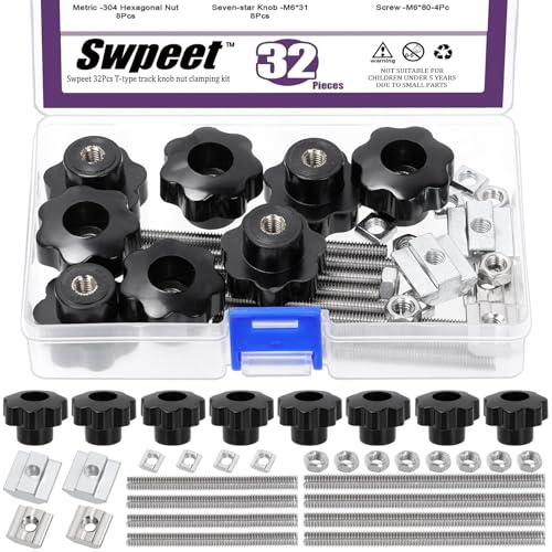 Swpeet 32Pcs M6 7 estrellas a través del agujero tuerca de sujeción botón con la serie 2020/3030 / 4040 T tuercas deslizantes, completamente roscada varilla y hexagonal tuercas Kit de la variedad