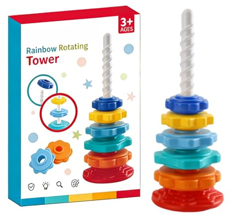 Torre apilable para bebé con función giratoria de 31,5 cm/12,4 pulgadas, torre piramidal de 6 discos, anillos apilables de arco iris, juguete para 1 año, promueve la motricidad y la creatividad
