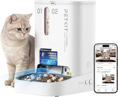 PETKIT YumShare Dual-Hopper 2 Distributeur Automatique de Croquettes pour Chat avec Caméra HD 1080P, Reconnaissance faciale Multi-Chats, Vision Nocturne, Wi-FI 2.4G& 5GHz, Contrôle Via App, 5L