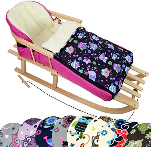 BambiniWelt Kombi-erbjudande träsläde med ryggstöd och draglina universell vinter fotväska (90 cm), även lämplig för barnskål, barnvagn, buggy, av ull i uggledesign (uggla §7)