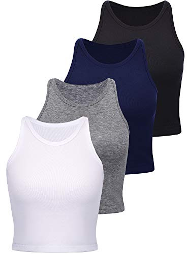 4 Pièces Débardeurs Courts Basiques Top sans Manches Dos Nageur pour Femme Top Court Sport en Coton pour Dame Filles Port Quotidien