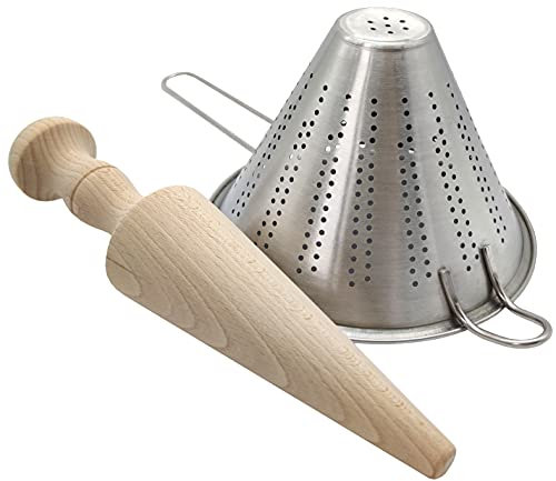 Ensemble Passoire Chinoise Inox et Pilon Chinois Bois de Hêtre - Ustensiles de Cuisine - Purée, Kéfir, Bouillons, Sauces, Crèmes, Purée de Légumes - Pastapuré (Passoire 14 cm + Mortier 27 cm)