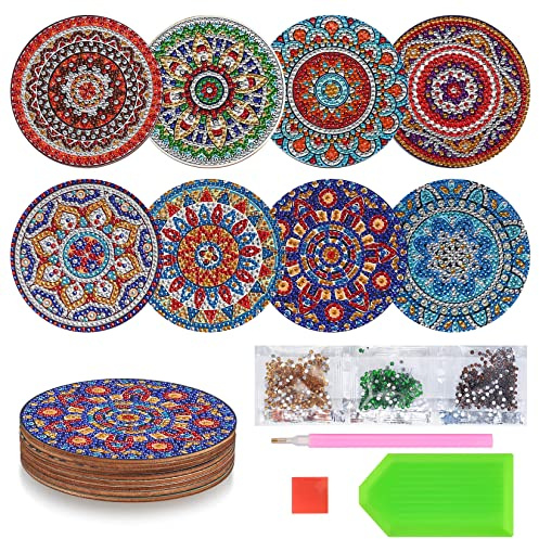 8 PCS 5D DIY Diamond Crafts Painting Coasters, Round Diamond Art Cup Drink Coasters with Mandala Pattern, Adult Crafts (Mandala Pattern-A)