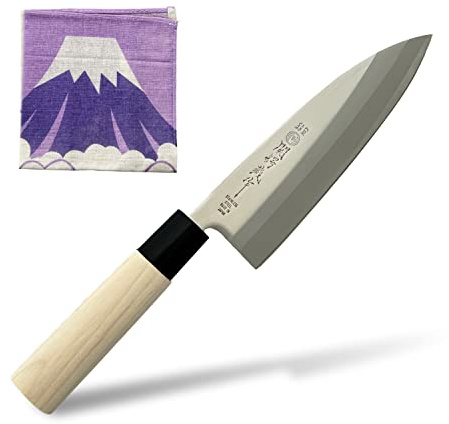 KAKUSEE Seki Tsubazo Deba Knife 5.9-inch Blade and Japanese Painting Cloth Set, Japanese Chef Knife for Fish and Meats, Stainless Steel Blade & Genuine Wooden Handle