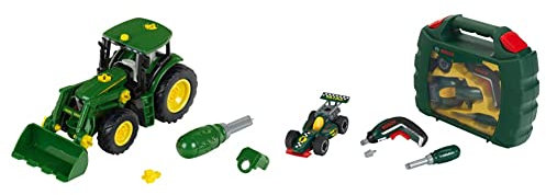 Theo Klein 3903 John Deere Traktor | Mit Frontlader und Gegengewicht 3 Jahren & 8395 Werkzeugkoffer-Set Bosch Grand Prix mit Ixolino-Akkuschrauber | Schraubbarer Rennwagen ab 3 Jahren