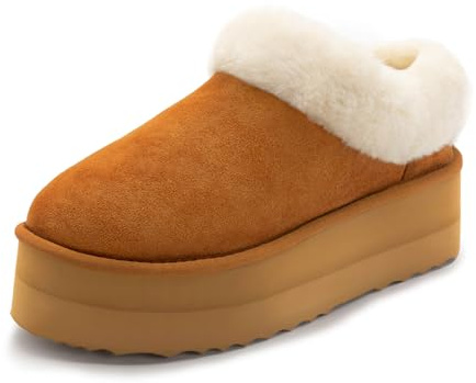 Athlefit Platform Slippers for Women Slip-on Winter Warm Fuzzy Fluffy Suede Slippers Shoes for House Indoor and Outdoor, Chestnut, Size 7, AD00833