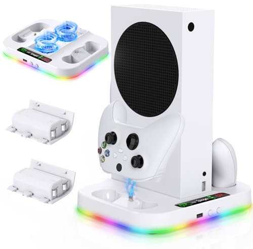 Upgraded Cooling Stand for Xbox Series S with RGB LED Light, Dual Controller Charging Station for XSS Accessories with 2 * 1400mAH Rechargeable Battery, 3-Speed Adjustable Cooling Fan, USB 2.0 Port