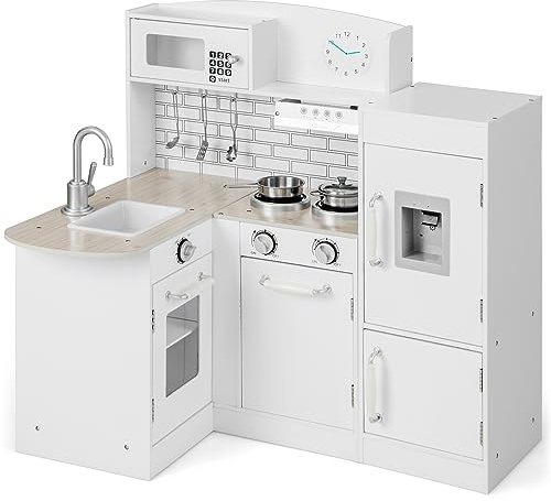 GOPLUS Cuisine Enfant en Bois, Cuisine Bébé avec Réfrigérateur Séparé, Distributeur d'eau, Évier Amovible, Four à Micro-Ondes, Hotte, Espace de Rangement, Jouet de Cuisine d'angle pour Enfant 3+ Ans