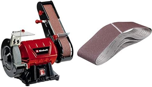 Einhell Esmeriladora de banda vertical TC-US 350 (máx. 350 W, 2980 min-1, cristal de protección contra chispas, incl. muela abrasiva gruesa K36 + cinta abrasiva K80) + 3 cinturones de lija