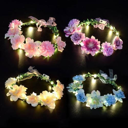 Liuer 4PCS LED Bandeau Fleur,Couronnes de Fleurs Lumineuses à LED,LED Bandeau Lumineux Accessoires pour Cheveux pour Mariage,Festival,Fête,Carnaval