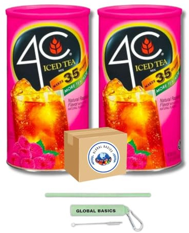 Global Basics 4C Iced Tea Raspberry Flavored Powdered Drink Mix | Pack of 2 | 82.6 oz Per Canister - 165.2 oz TOTAL | Includes A Global Basics Reusable Straw Set! (Raspberry)