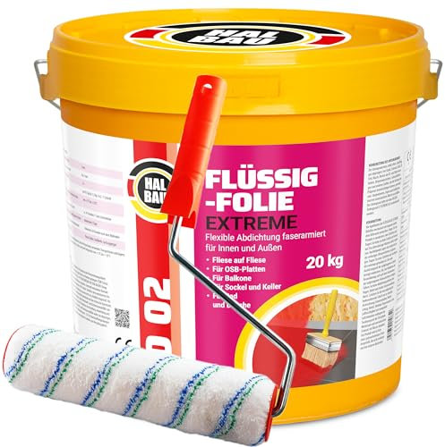 Flytande folie 20 kg för inomhus- och utomhusbruk, fiberförstärkt högelastisk tätning, vattenbarriär under kakel, balkong, dusch + färgroller 25 cm med bygel, halvbyggnadsset D02