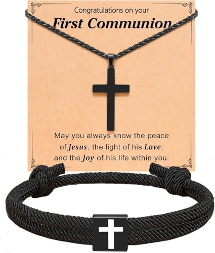 Magwei Cross Bracelet Cross Necklace Jewelry Set for Boys, First Communion, Baptism, Confirmation Gifts for Teenage Boys