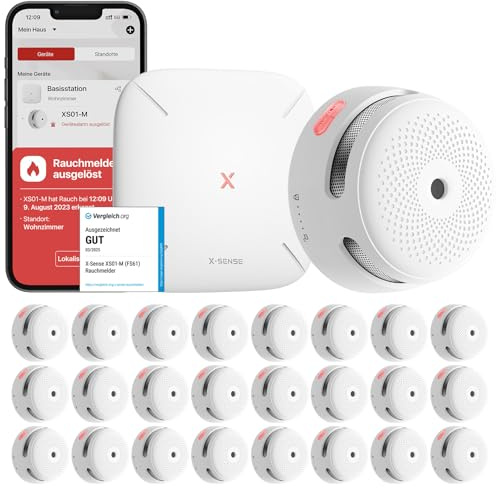 X-Sense Smart Rauchmelder XS01-M mit SBS50 Basisstation, Zertifiziert nach EN 14604, Funkrauchmelder mit WLAN, vernetzbarer Feuermelder, kompatibel mit der X-Sense Home Security App, FS241, 24 Stück