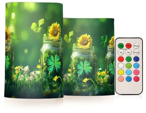 ALAZA Irish Jars St Flickering Flameless Candles Battery Operated with Remote Timer,Tea Light Candles LED Pillar Votive Candles Set of 2 for Outdoor Indoor Decorations