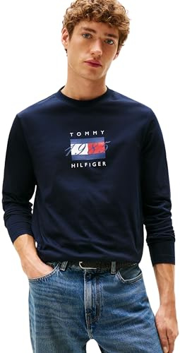 Tommy Hilfiger Uomo Maglietta Maniche Lunghe Linear Flag Graphic Regular Fit, Blu (Desert Sky), XS
