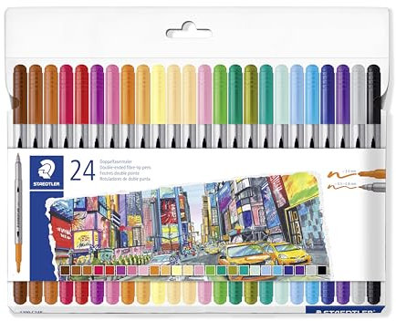 STAEDTLER 3200 Doppelfasermaler, zwei Spitzen für schmale und breite Linien, Etui mit 24 Doppelfasermalern in sortierten Farben, 3200 C24P
