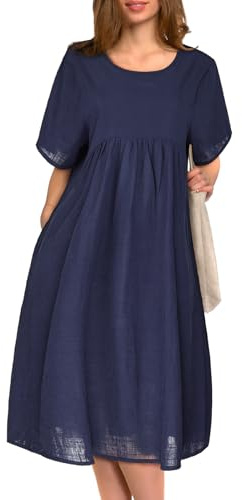 BSBUY Womens Summer Dresses Casual Short Sleeve Round Neck Sundress, Loose Beach Swing Dress Cotton Knee-Long Dress, Simple Classic T-Shirt Dress Tunic Dress with Pockets