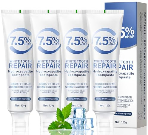 4pcs Hydroxyapatite Toothpaste UK,Hydroxyapatite Toothpaste 7.5 for Enamel Protection,Mint Flavor, Fluoride-Free Formula,Sensitivity Relief, Cavity Prevention, Fresh Breath,120g