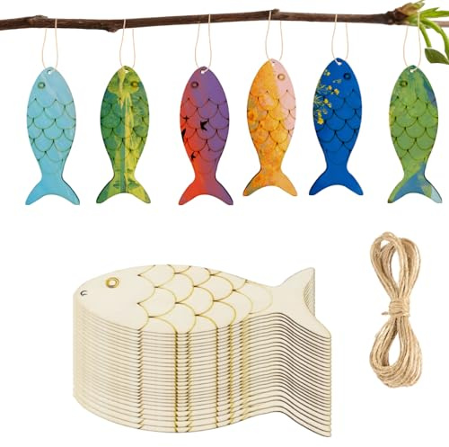 Wooden Craft Shapes for DIY Crafting,30Pcs Blank Wooden Fish Plaques for Hanging Ornaments Party Decor,Crafts Gifts for Boys Girls
