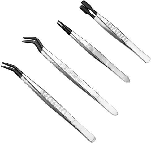 Ajcotahm Juego de 4 pinzas de punta de goma recta y plana, pinzas largas dobladas para manualidades, joyería, electrónica, trabajo de laboratorio