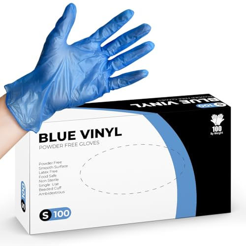 PANKTI Lot de 100 gants jetables bleus en vinyle sans latex et sans poudre, solides et résistants aux perforations, confortables pour le nettoyage, la coiffure et une utilisation polyvalente (taille S