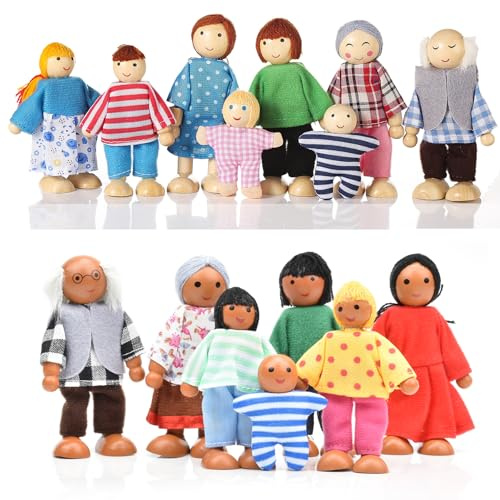 Jzszera 15 Pcs Wooden Dollhouse People with Movable Limbs, Doll House Family Figures for Educational Pretend Play