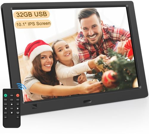 Cornice digitale per foto elettronica, senza Wi-Fi, schermo IPS da 10,1 pollici, con chiavetta USB da 32 GB, sensore di movimento, calendario/timer, lettore foto/video/musica, montabile a parete
