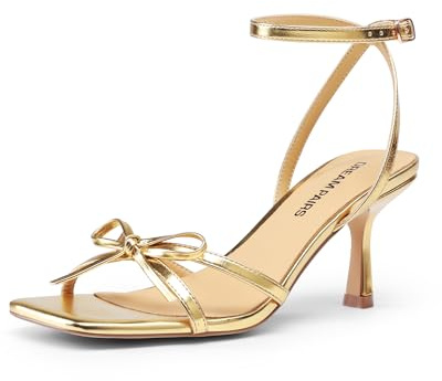 DREAM PAIRS Women's Bow Heels Square Sandals,Gold,5