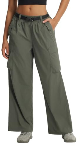 baleaf Women's Lightweight Pants Quick Dry Wide Leg Hiking Water Resistant with 4 Pockets Travel Baggy Parachute Cargo Pant Army Green L