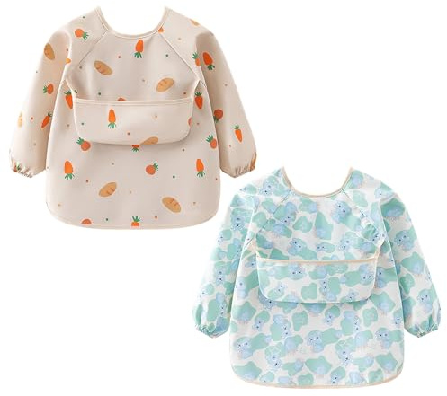 Astralong Bavoirs Manches Longues Bébé, Lot de 2 Bebe Bavoir Imperméable Tablier, Tablier Bebes pour Manger 24-48 Mois, Facile à Nettoyer et Lavable en Machine