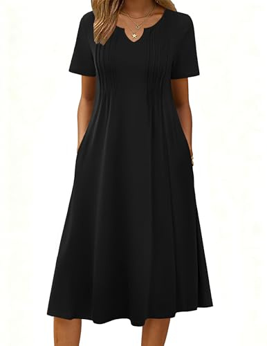 Zeagoo Womens Black Dress Aline Flowy Summer Midi Tshirt Dresses Casual V Neck Henley Tunic Shift Dress Beach Holiday Sundress 2XL