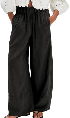 SeeLuNa Linen Pants for Women Cotton Baggy Boho Casual Palazzo Pants Wide Leg Long Lounge Trousers with Pockets(Black, XL)