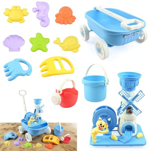 AUTOMP Beach Sand Toy Set with Interactive Windmill & Water Wheel, 12 PCS Kids Sand Toys with Wagon, 6 Molds, 2 Claws, Watering Can for Beach Sandpit, Outdoor Toys Gift