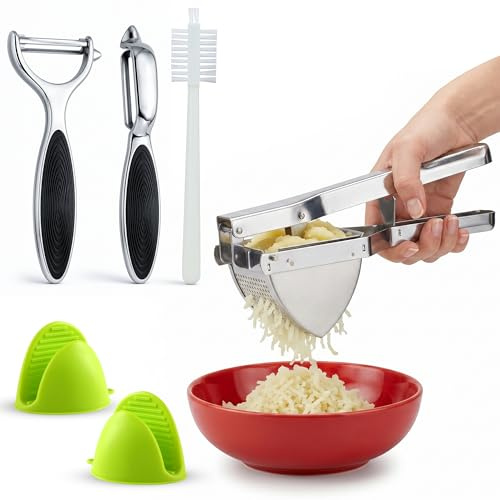 Levona 5-in-1 Potato Ricer & Masher, Heavy Duty Stainless Steel Baby Food Maker Set with Potato Peeler, Cleaning Brush, Silicone Mitts for Mashed Potato, Veg Purée, Gnocchi - Dishwasher Safe