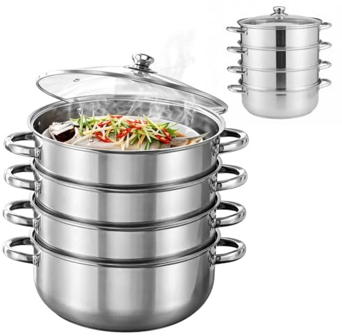 CEWROM Vaporera para cocinar al vapor, 28 cm, acero inoxidable, con inserto de vapor, 3/4 pisos con tapa de cristal para cocinar verduras, mariscos, sopas, guisos y pasta (4 niveles)