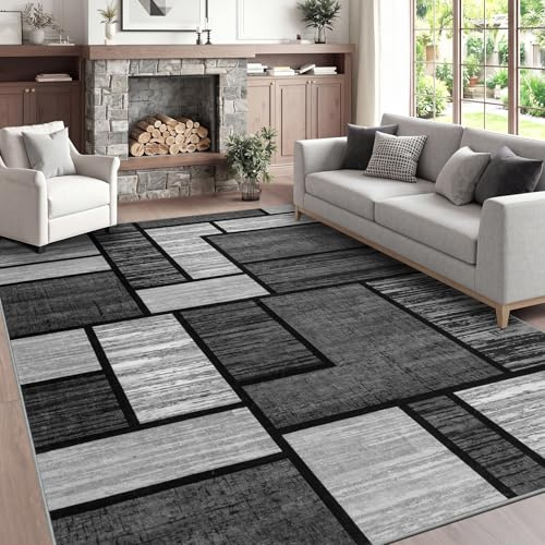 IMIYOKU Modern Rugs for Living Room Black Grey Geometric Area Rug 160x230cm Washable Rug for Bedroom Large Non Slip Soft Carpet, Easy Care, Pet Kids Friendly Home Decor