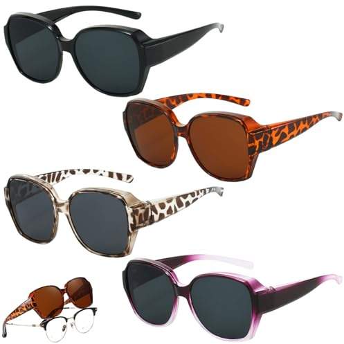 ZcrPrn Clip On Sunglasses, 4 Pack Sunglasses Over Glasses for Women, Polarised Trendy Square Oversized Anti Glare Over Glasses, Clip on Sunglasses for Driving UV Protection Men and Women