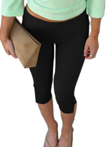 Springcmy Women's Fold Over Capri Leggings Y2K Low Rise Split Hem Pants Stretch Lounge Yoga Athletic Cropped Pants Bottoms (B Black, M)