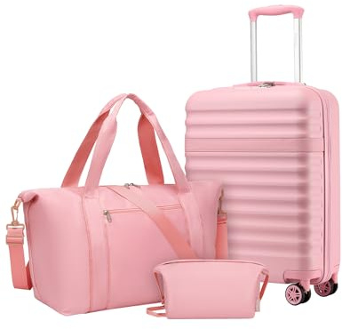 Kono Juego de Maletas con Maleta Cabina Rígida 55x40x20, Rosa | ABS+PC, Ruedas TPE, Bolsa con Correa Ajustable y Hebilla, Neceser, para Mujer