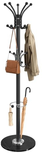 SONGMICS Perchero de Pie, Perchero Metálico con Base de Mármol, 18 Ganchos, Paragüero, Cabezal Giratorio, 38 x 38 x 178 cm, Negro, para Pasillo, Entrada, Oficina, Colección Alan RCR091BH01
