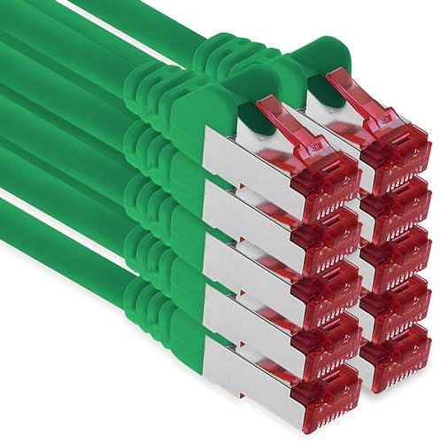 1aTTack.de - 10x 1m CAT6 patch cable S/FTP PIMF shielding CAT.6 RJ45 network cable Ethernet cable DSL LAN router switch modem patch panel - green - 10 pieces