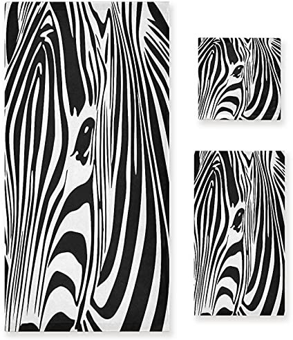 Mnsruu 3-teiliges Badetuch-Set mit Zebramuster in Schwarz und Weiß für Badezimmer, Spa, Hotel, 1 Badetuch + 1 Handtuch + 1 Waschlappen